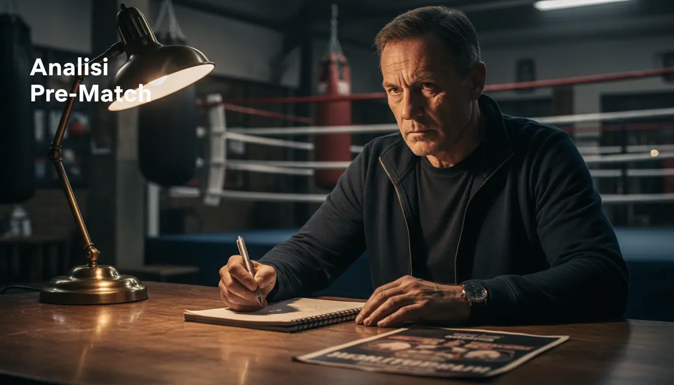Allenatore di boxe con blocco note che studia le note tattiche in palestra prima di un incontro