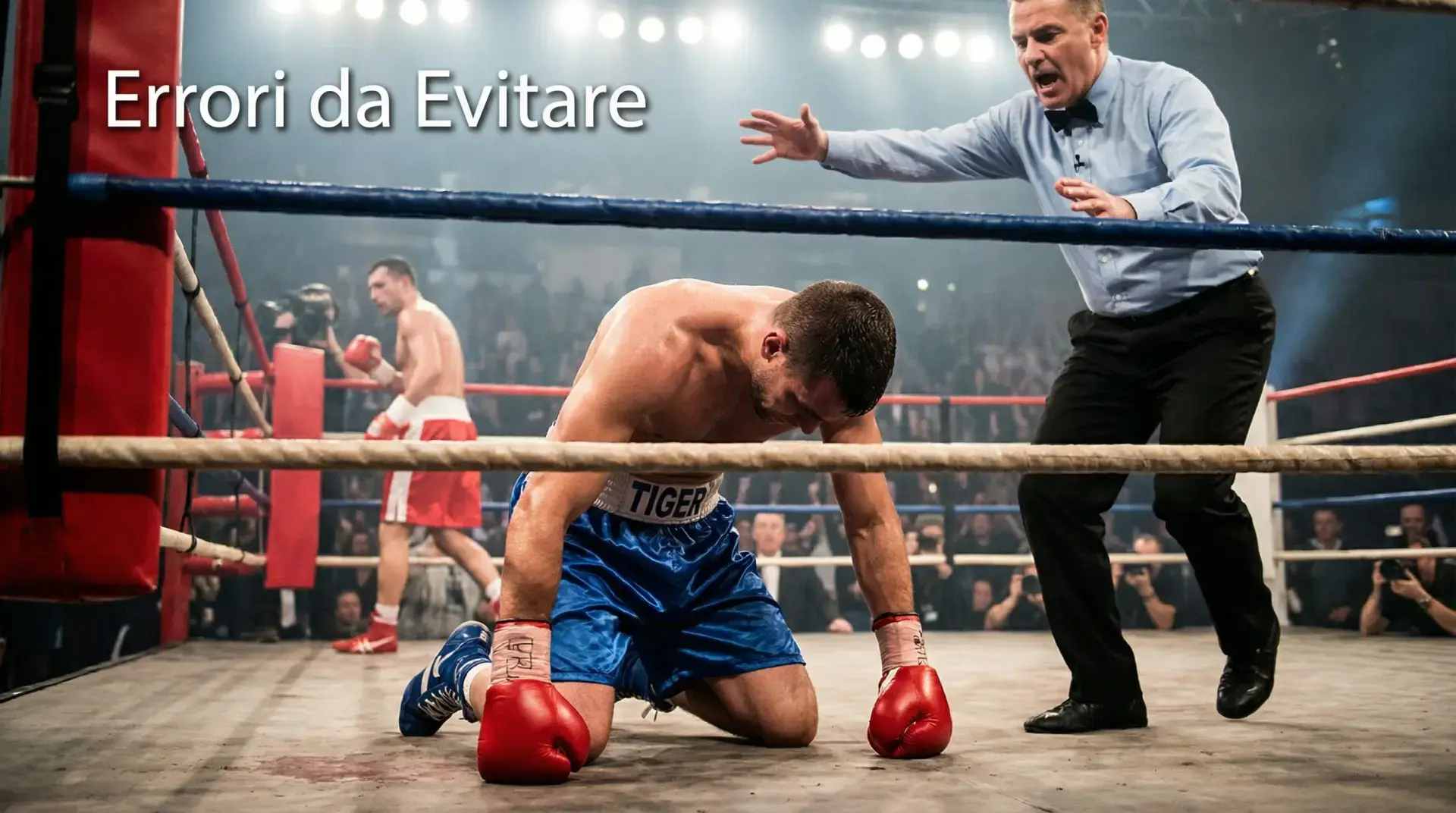 Pugile a terra sul ring dopo un knockdown inaspettato, immagine che simboleggia l