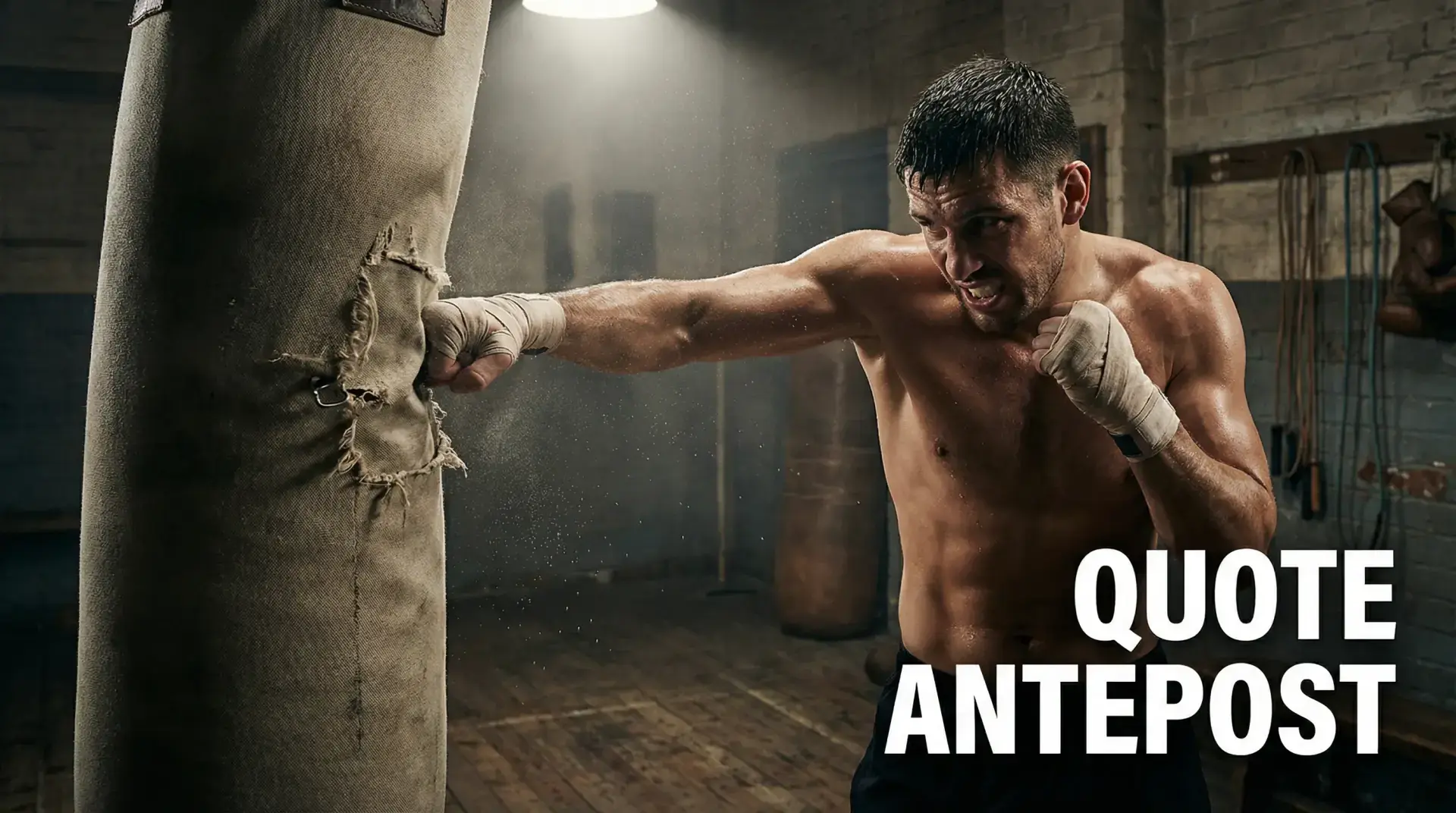 Pugile che si allena con il sacco nel suo palestra, preparazione a lungo termine verso un futuro incontro di boxe