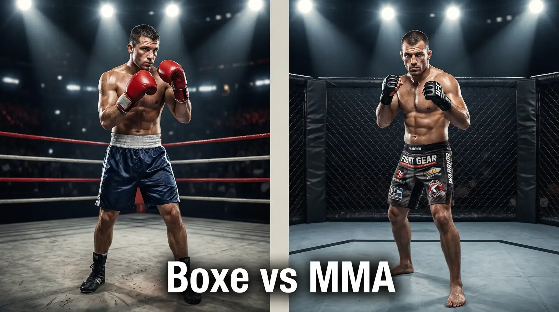 A sinistra un pugile con guantoni da boxe sul ring, a destra un lottatore MMA con guantoni open-finger in gabbia: confronto tra i due sport da combattimento