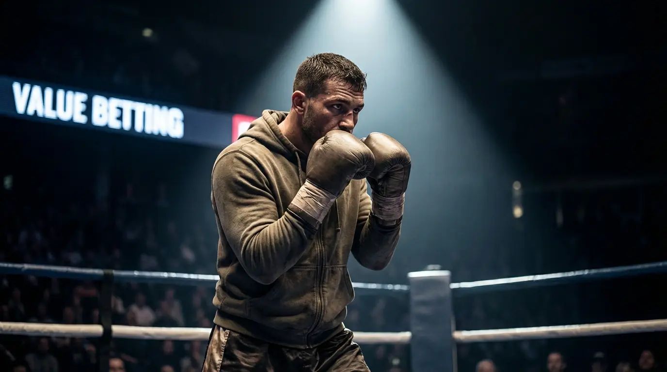 Pugile underdog in posizione di combattimento sul ring, simbolo di un combattente sottovalutato dalle quote bookmaker